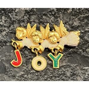 Vintage Danecraft Angels & JOY Gold Tone & Enamel Brooch Pin Christmas Holiday
